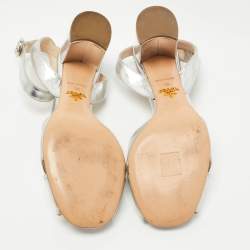 Prada Silver Leather Ankle Strap Block Sandals Size 38