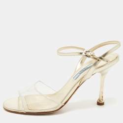 Pre Owned Prada Metallic Gold Leather and PVC Ankle Strap Sandals Size 37