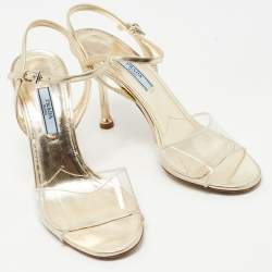 Pre Owned Prada Metallic Gold Leather and PVC Ankle Strap Sandals Size 37