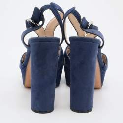 Prada Blue Suede Ankle Strap Block Heel Platform Sandals Size 38.5