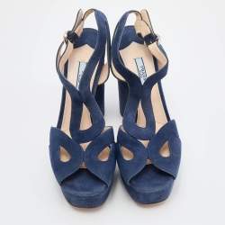 Prada Blue Suede Ankle Strap Block Heel Platform Sandals Size 38.5