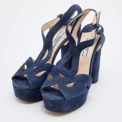 Prada Blue Suede Ankle Strap Block Heel Platform Sandals Size 38.5