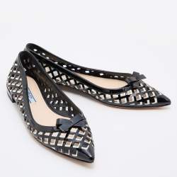 Pre Owned Prada Black Laser Cut Patent Leather Bow Pointed Toe Ballet Flats Size 39