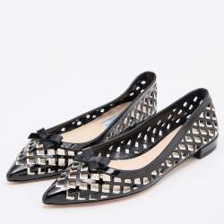Pre Owned Prada Black Laser Cut Patent Leather Bow Pointed Toe Ballet Flats Size 39