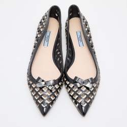 Pre Owned Prada Black Laser Cut Patent Leather Bow Pointed Toe Ballet Flats Size 39