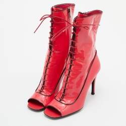 Pre Owned Prada Neon Pink Patent Leather Lace Up Peep Toe Ankle Booties Size 37.5