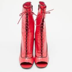 Pre Owned Prada Neon Pink Patent Leather Lace Up Peep Toe Ankle Booties Size 37.5