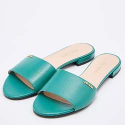 Prada Green Vernice Saffiano Leather Flat Slides Size 37.5