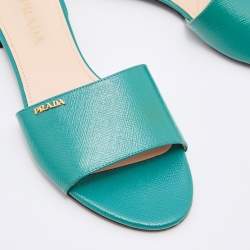 Prada Green Vernice Saffiano Leather Flat Slides Size 37.5