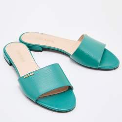 Prada Green Vernice Saffiano Leather Flat Slides Size 37.5
