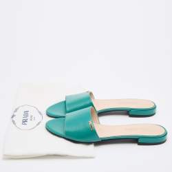 Prada Green Vernice Saffiano Leather Flat Slides Size 37.5