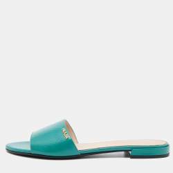 Prada Green Vernice Saffiano Leather Flat Slides Size 37.5
