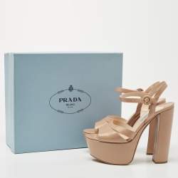 Pre Owned Prada Beige Patent Leather Ankle Strap Sandals Size 37.5