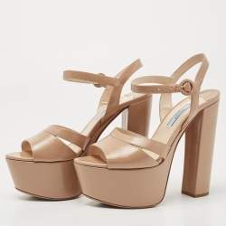 Pre Owned Prada Beige Patent Leather Ankle Strap Sandals Size 37.5