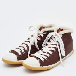 Pre Owned Prada Brown/White Nubuck Leather and Shearling Fur Lace Up Sneakers Size 39