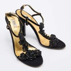 Pre Owned Prada Black Suede and Beaded Ankle Strap Sandals Size 37