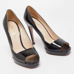 Prada Black Patent Leather Open Toe Platform Pumps Size 39