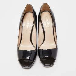 Prada Black Patent Leather Open Toe Platform Pumps Size 39