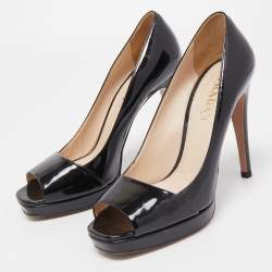 Prada Black Patent Leather Open Toe Platform Pumps Size 39