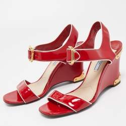 Prada Red Patent Leather Ankle Strap Wedge Sandals Size 38