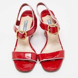 Prada Red Patent Leather Ankle Strap Wedge Sandals Size 38