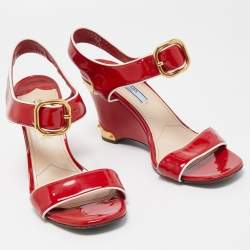 Prada Red Patent Leather Ankle Strap Wedge Sandals Size 38