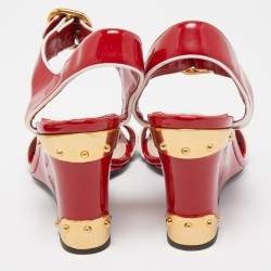 Prada Red Patent Leather Ankle Strap Wedge Sandals Size 38