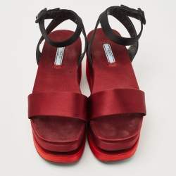 Prada TriColor Satin Merlot and Poppy Dual Platform Ankle Strap Sandals Size 39