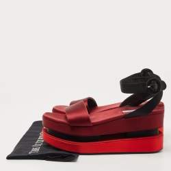 Prada TriColor Satin Merlot and Poppy Dual Platform Ankle Strap Sandals Size 39