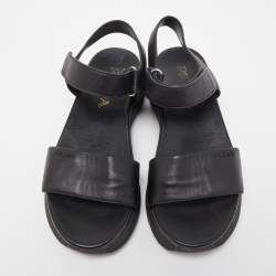Prada Black Leather Ankle Strap Flat Sandals Size 37.5