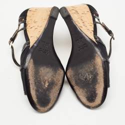 Pre Owned Prada Black Satin and Patent Leather Ankle Strap Cork Wedge Sandals Size 38.5