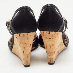 Pre Owned Prada Black Satin and Patent Leather Ankle Strap Cork Wedge Sandals Size 38.5