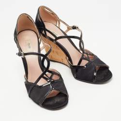 Pre Owned Prada Black Satin and Patent Leather Ankle Strap Cork Wedge Sandals Size 38.5