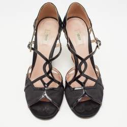 Pre Owned Prada Black Satin and Patent Leather Ankle Strap Cork Wedge Sandals Size 38.5