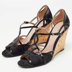 Pre Owned Prada Black Satin and Patent Leather Ankle Strap Cork Wedge Sandals Size 38.5