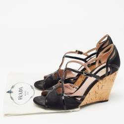 Pre Owned Prada Black Satin and Patent Leather Ankle Strap Cork Wedge Sandals Size 38.5