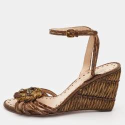 Prada Brown Raffia and Watersnake Leaather Ankle Strap Wedge Sandals Size 40.5