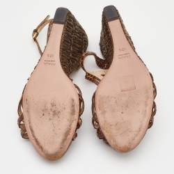 Prada Brown Raffia and Watersnake Leaather Ankle Strap Wedge Sandals Size 40.5