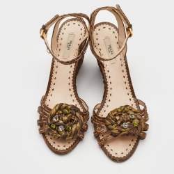Prada Brown Raffia and Watersnake Leaather Ankle Strap Wedge Sandals Size 40.5