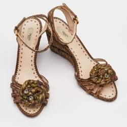 Prada Brown Raffia and Watersnake Leaather Ankle Strap Wedge Sandals Size 40.5