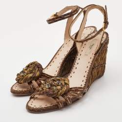 Prada Brown Raffia and Watersnake Leaather Ankle Strap Wedge Sandals Size 40.5