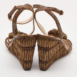 Prada Brown Raffia and Watersnake Leaather Ankle Strap Wedge Sandals Size 40.5