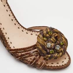 Prada Brown Raffia and Watersnake Leaather Ankle Strap Wedge Sandals Size 40.5