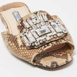 Pre Owned Prada Brown/Beige Python Crystal Embellished Flat Slides Size 37