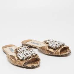 Pre Owned Prada Brown/Beige Python Crystal Embellished Flat Slides Size 37