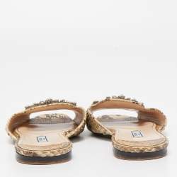 Pre Owned Prada Brown/Beige Python Crystal Embellished Flat Slides Size 37