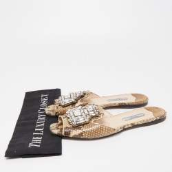 Pre Owned Prada Brown/Beige Python Crystal Embellished Flat Slides Size 37