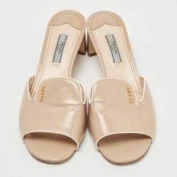 Pre Owned Prada Beige Saffiano Vernice Leather Slide Sandals Size 37.5