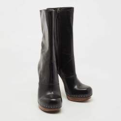 Prada Black Leather Calf Length Boots Size 38