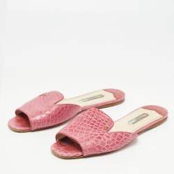 Pre Owned Prada Pink Croc Embossed Leather Flat Slides Size 37.5